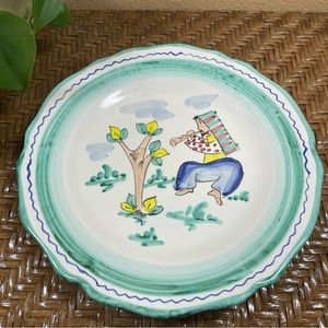 Vintage Green-Rimmed Illustrated Ceramic Dinner Plate